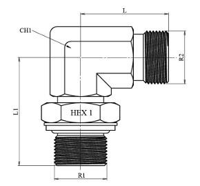 Schéma coté coude orientable mâle BSP-métrique DIN 2353 nu (DHFCMORB)