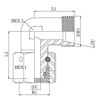 Schéma coté coude orientable métrique o-ring DIN 2353 nu (DHFSLEB)
