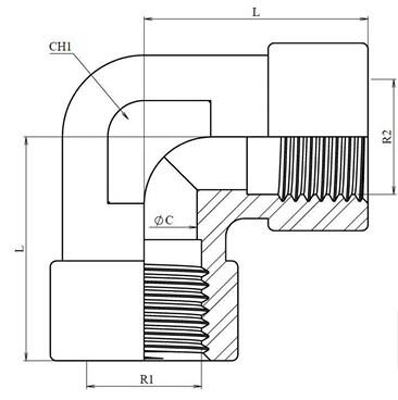 Coude 90° femelle-femelle gaz BSP inox 316L – schéma coté