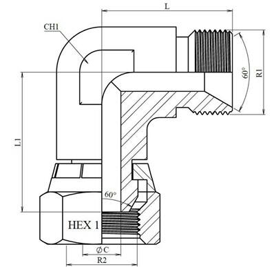Coude 90° mâle-femelle tournante BSP cône 60° inox 316L – schéma coté