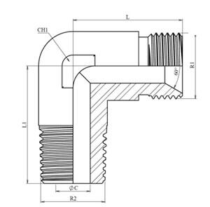 Coude 90° mâle BSP cône 60° - mâle BSPT inox 316L – schéma coté