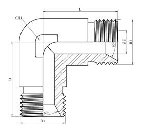 Coude 90° mâle-mâle BSP cône 60° inox 316L – schéma coté