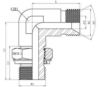 Coude 90° orientable mâle-mâle BSP cône 60° inox 316L – schéma coté