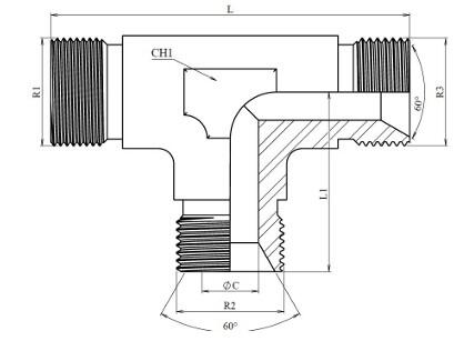 Té mâle BSP cône 60° inox 316L – schéma coté