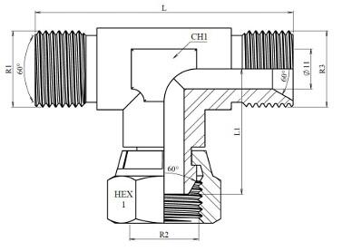 Té mâle-femelle tournante-mâle BSP cône 60° inox 316L – schéma coté