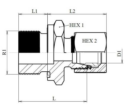 Schéma coté union simple mâle BSP joint plat DIN 2353 équipé
