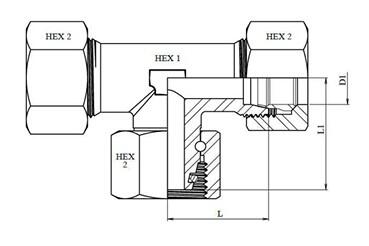Schéma coté té orientable métrique o-ring DIN 2353 équipé
