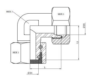 Schéma coté coude orientable métrique o-ring DIN 2353 équipé