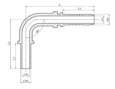 Schéma coté embout lisse coude 90° — L, L1, L2, L3, ØC, ØD