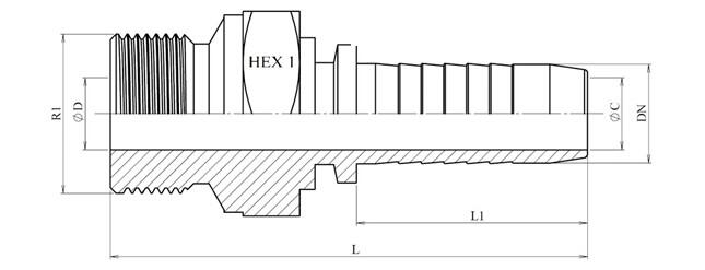 Schéma coté embout mâle BSP fond plat — L, L1, HEX, ØC, ØD